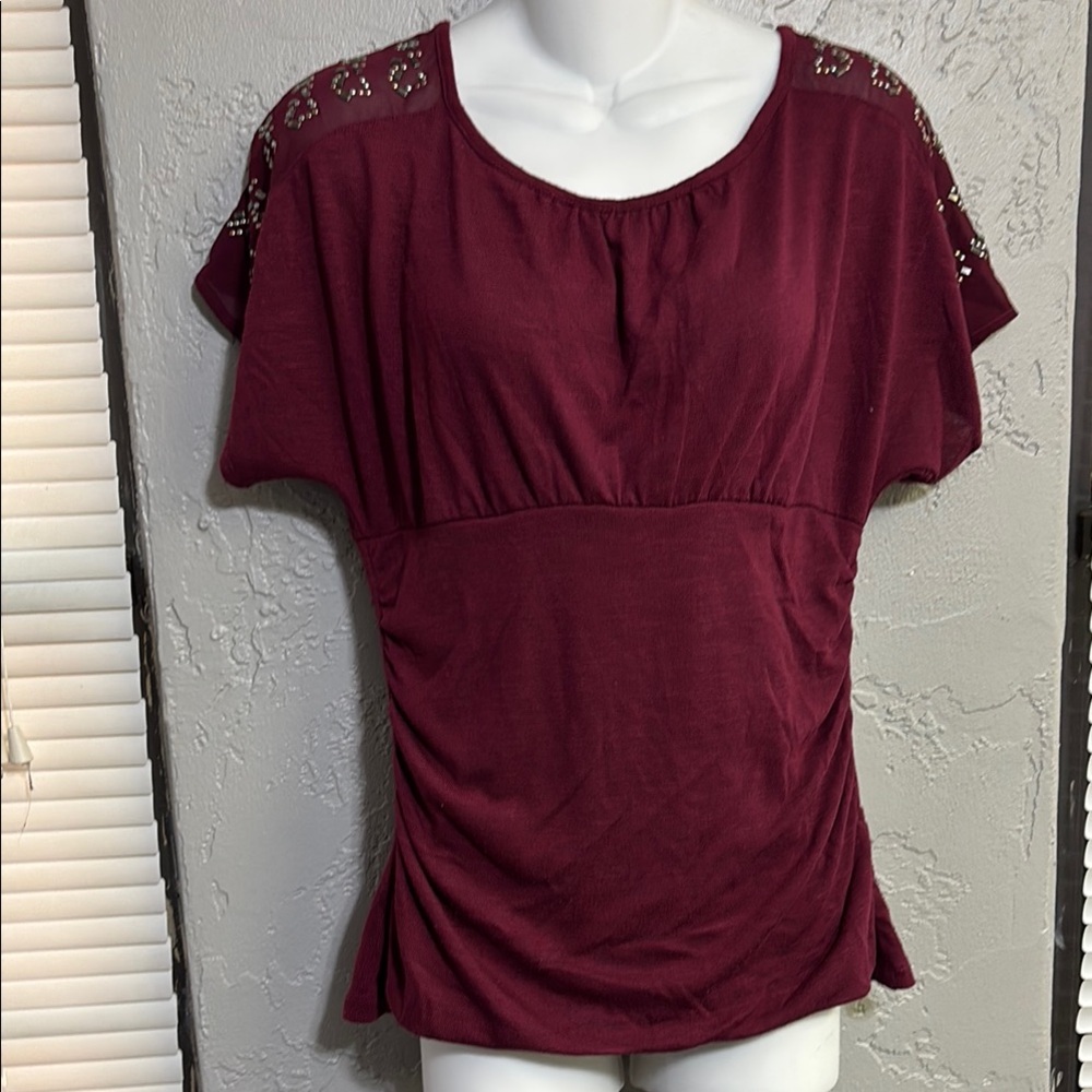by & by Burgundy Blouse with Embellished Shoulders